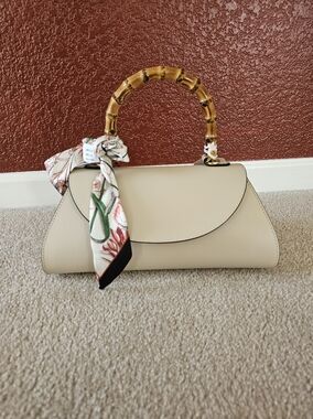 Cream Top-Handle Satchel with Bamboo Accent and Scarf